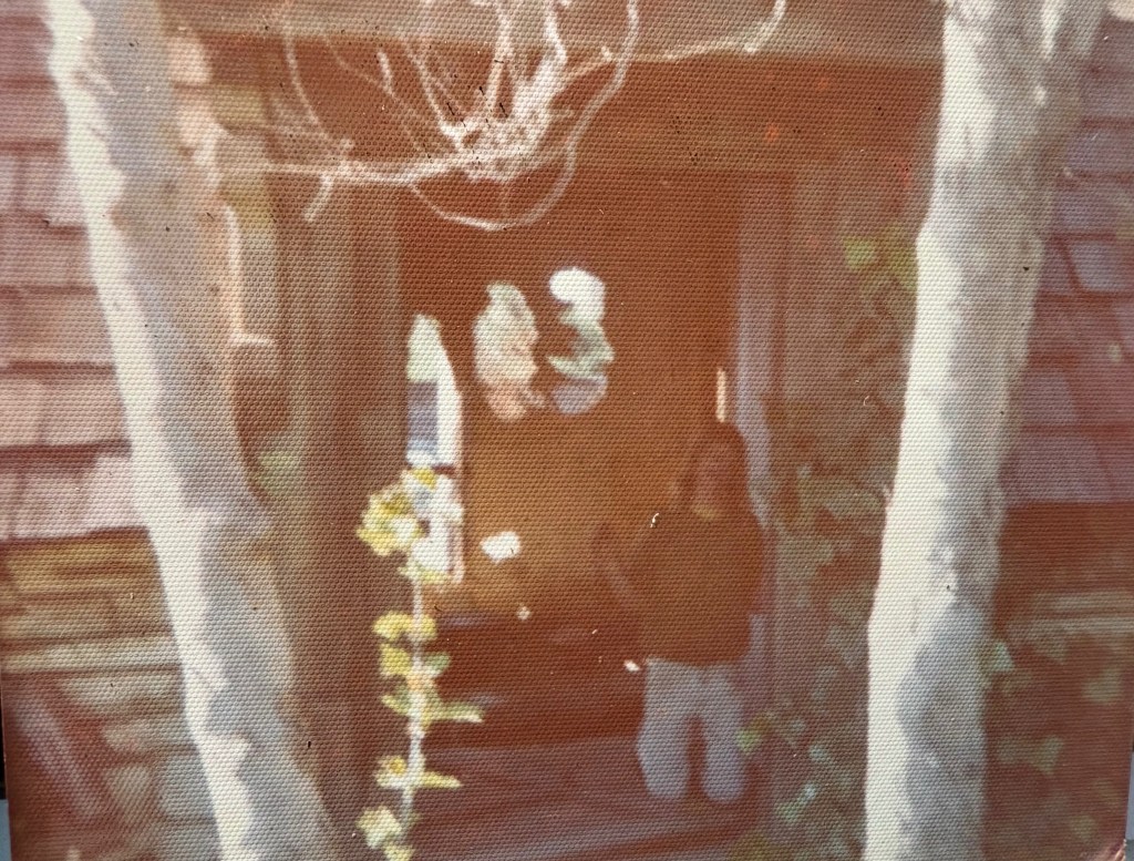 A young child kneels in an entryway of an old wooden building, framed by trees and vegetation.