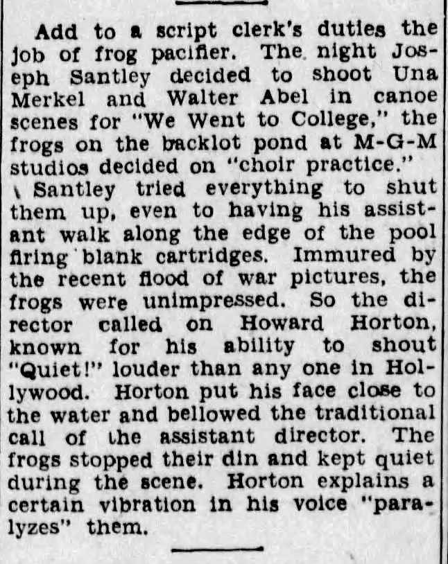 A newspaper clipping describing a film set incident where script clerk Joseph Santley struggled to quiet frogs during a scene shoot at MGM studios, involving a director calling on Howard Horton to shout 'Quiet!'