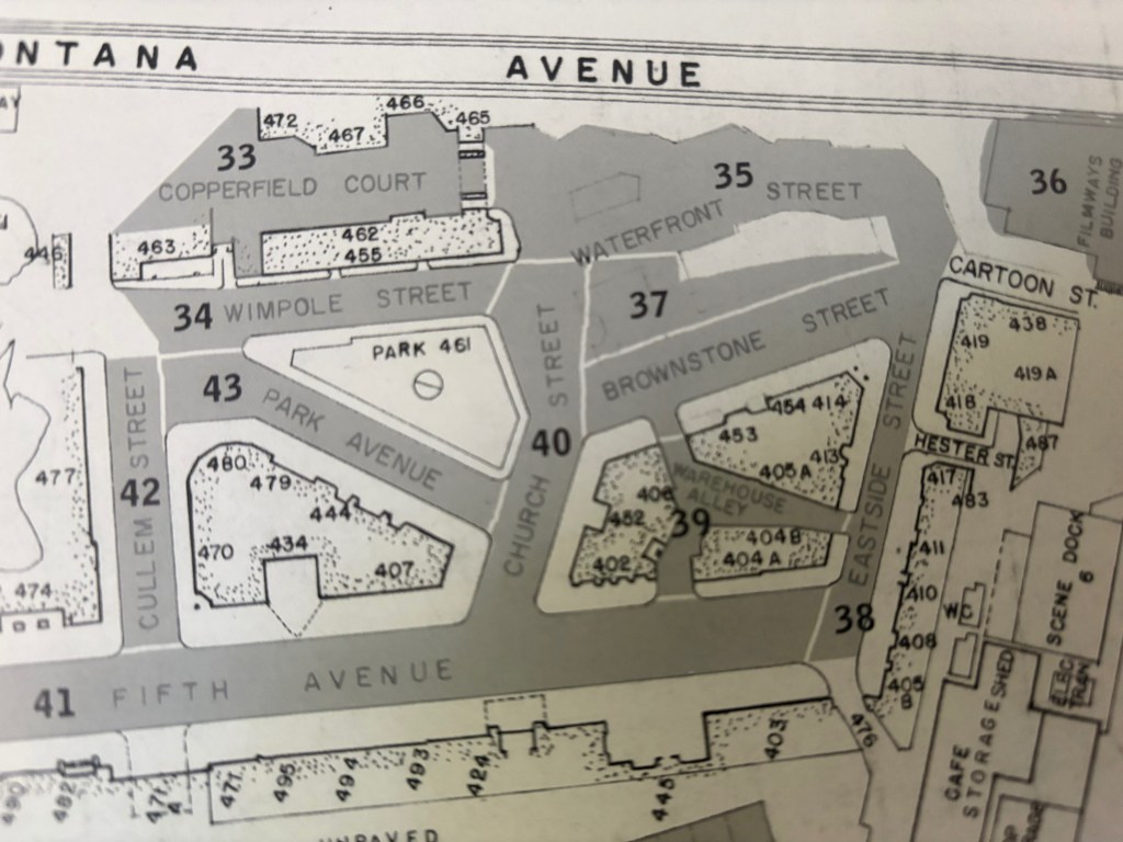 A detailed map featuring various streets and locations such as Copperfield Court, Wimpole Street, Park Avenue, and Eastside Street. The map includes numbered sections and labeled streets.