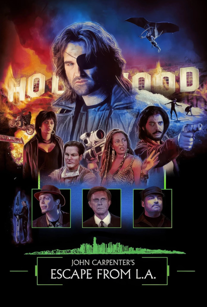 A vintage movie poster for John Carpenter's 'Escape from L.A.', featuring a male character with an eye patch in a dramatic pose, surrounded by various other characters in action scenes, with a backdrop of flames and the Hollywood sign.