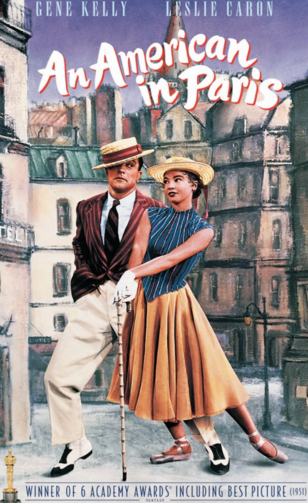 Movie poster for 'An American in Paris' featuring Gene Kelly and Leslie Caron, showcasing a vibrant city backdrop and elegant costumes.