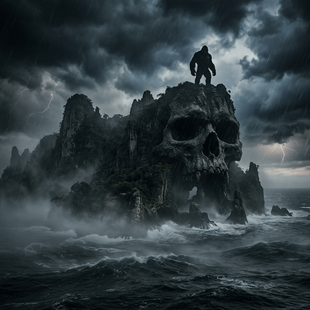 Stormy ocean with a rocky island shaped like a giant skull and a large humanoid silhouette on top